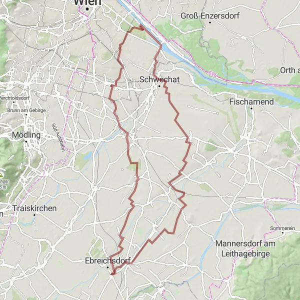 Karttaminiaatyyri "Gravelreitti Ebreichsdorfista Unterwaltersdorfiin" pyöräilyinspiraatiosta alueella Niederösterreich, Austria. Luotu Tarmacs.app pyöräilyreittisuunnittelijalla