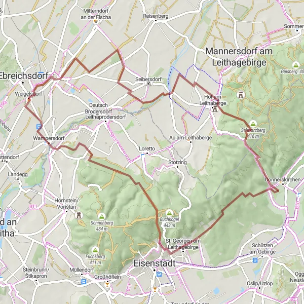 Miniaturní mapa "Cyklistická trasa Unterwaltersdorf - Wimpassing an der Leitha" inspirace pro cyklisty v oblasti Niederösterreich, Austria. Vytvořeno pomocí plánovače tras Tarmacs.app