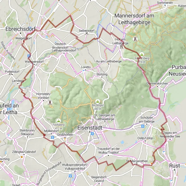 Miniatura della mappa di ispirazione al ciclismo "Esplorazione Storica in Gravel" nella regione di Niederösterreich, Austria. Generata da Tarmacs.app, pianificatore di rotte ciclistiche