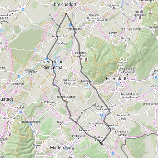 Miniatura della mappa di ispirazione al ciclismo "Giro in bicicletta da Weigelsdorf a Pottendorf" nella regione di Niederösterreich, Austria. Generata da Tarmacs.app, pianificatore di rotte ciclistiche