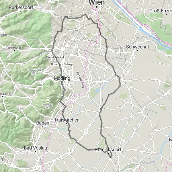 Miniaturní mapa "Cyklotrasa v okolí Traiskirchenu po silnici" inspirace pro cyklisty v oblasti Niederösterreich, Austria. Vytvořeno pomocí plánovače tras Tarmacs.app