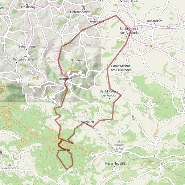 Miniatua del mapa de inspiración ciclista "Ruta por caminos de grava alrededor de Weistrach" en Niederösterreich, Austria. Generado por Tarmacs.app planificador de rutas ciclistas