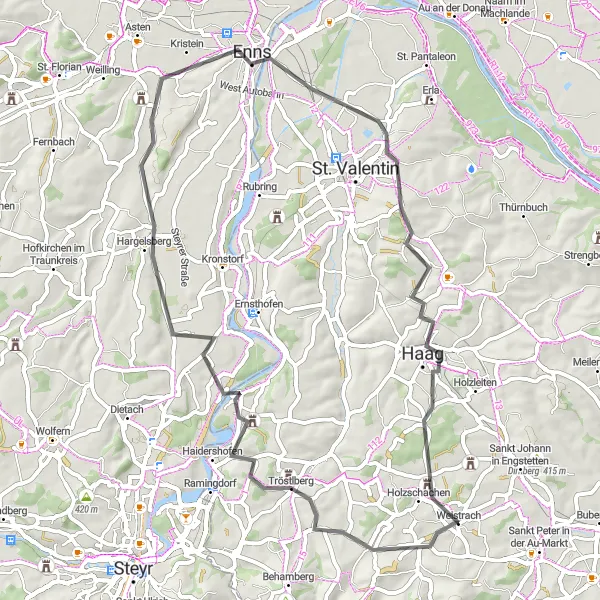 Miniatua del mapa de inspiración ciclista "Paseo relajado a través de Enns y Hargelsberg" en Niederösterreich, Austria. Generado por Tarmacs.app planificador de rutas ciclistas