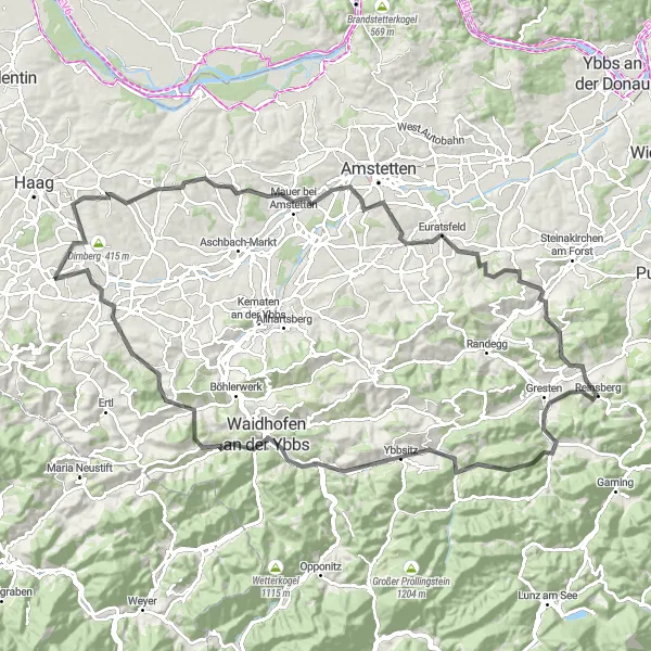 Miniatura mapy "Trasa Urltal - Euratsfeld - Schoißödkogel - Gresten - Angelsberg - Ybbsitz - Eibenberg - Waidhofen an der Ybbs - Weinbergkogel" - trasy rowerowej w Niederösterreich, Austria. Wygenerowane przez planer tras rowerowych Tarmacs.app