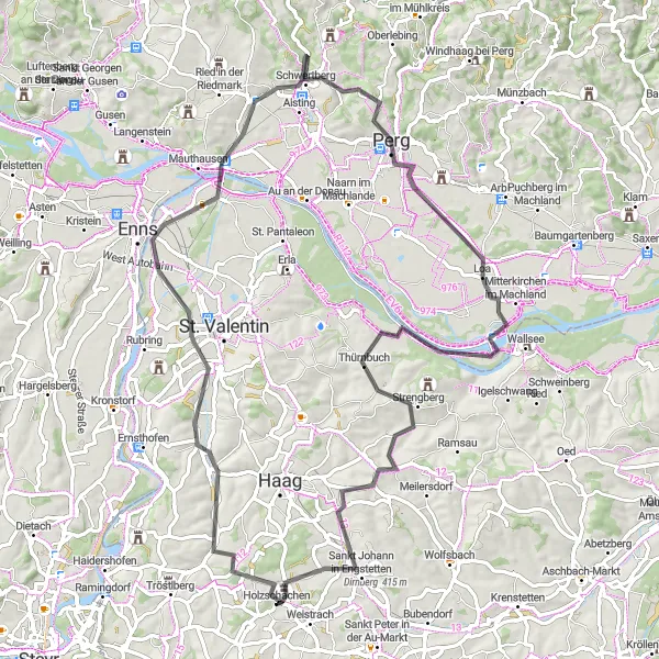 Miniatua del mapa de inspiración ciclista "Ruta por carretera a través de Hofkirchen y Enns" en Niederösterreich, Austria. Generado por Tarmacs.app planificador de rutas ciclistas