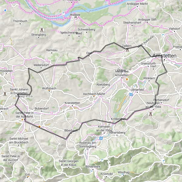 Miniatua del mapa de inspiración ciclista "Ruta en carretera cercana a Weistrach" en Niederösterreich, Austria. Generado por Tarmacs.app planificador de rutas ciclistas
