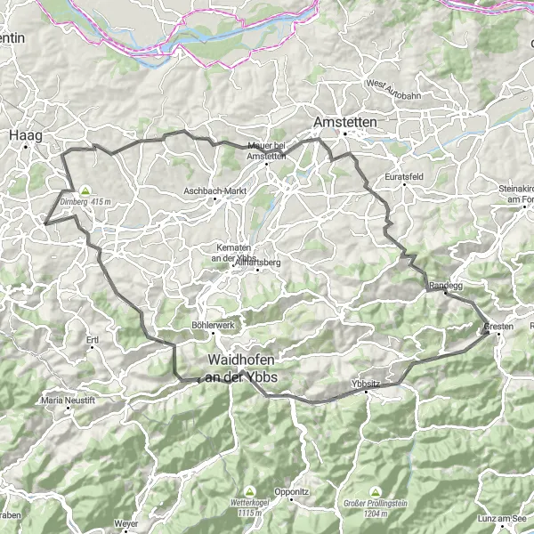 Miniatua del mapa de inspiración ciclista "Recorrido exigente a través de Buchberg y Waidhofen an der Ybbs" en Niederösterreich, Austria. Generado por Tarmacs.app planificador de rutas ciclistas