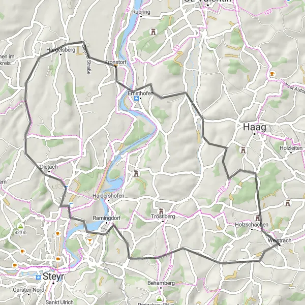 Miniatua del mapa de inspiración ciclista "Weistrach - Schloss Rohrbach por Hargelsberg" en Niederösterreich, Austria. Generado por Tarmacs.app planificador de rutas ciclistas