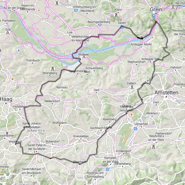 Miniatua del mapa de inspiración ciclista "Ruta de ciclismo por carretera a través de encantadores pueblos cerca de Weistrach" en Niederösterreich, Austria. Generado por Tarmacs.app planificador de rutas ciclistas