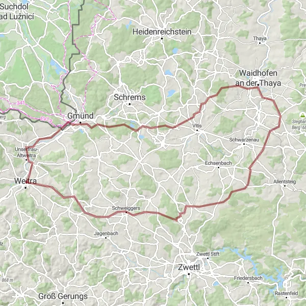 Miniatura della mappa di ispirazione al ciclismo "Cicloturismo tra České Velenice e Schweiggers" nella regione di Niederösterreich, Austria. Generata da Tarmacs.app, pianificatore di rotte ciclistiche