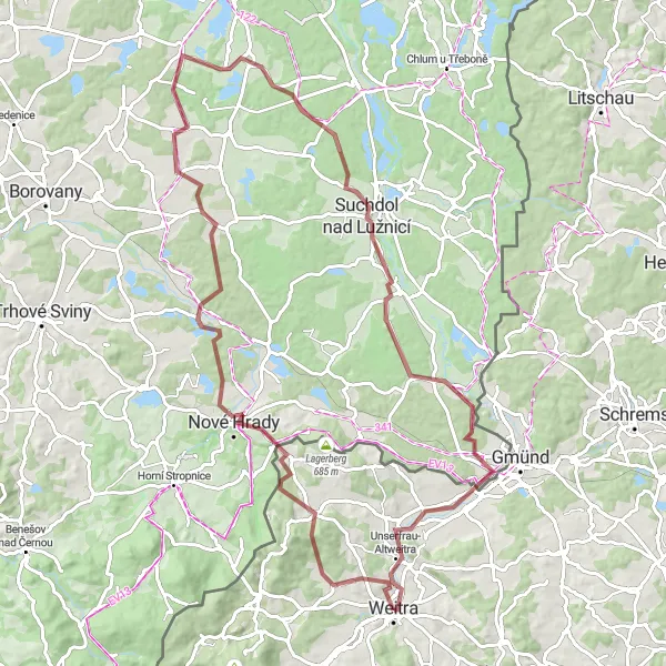 Zemljevid v pomanjšavi "Gravel Adventure Around Weitra" kolesarske inspiracije v Niederösterreich, Austria. Generirano z načrtovalcem kolesarskih poti Tarmacs.app