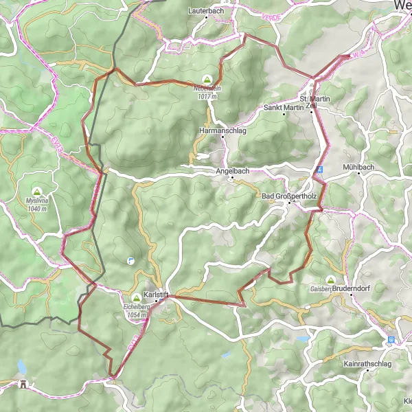 Miniatura della mappa di ispirazione al ciclismo "A Scoperta del Nebelstein e dei Paesaggi Circostanti" nella regione di Niederösterreich, Austria. Generata da Tarmacs.app, pianificatore di rotte ciclistiche