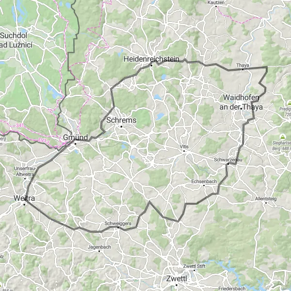 Karttaminiaatyyri "Maaseutumatka Weitran ympäristössä" pyöräilyinspiraatiosta alueella Niederösterreich, Austria. Luotu Tarmacs.app pyöräilyreittisuunnittelijalla