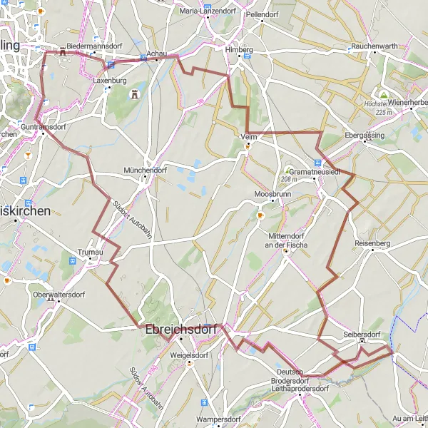 Miniatua del mapa de inspiración ciclista "Ruta de Ciclismo Gravel a Ebreichsdorf y Guntramsdorf" en Niederösterreich, Austria. Generado por Tarmacs.app planificador de rutas ciclistas