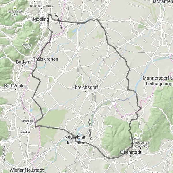 Map miniature of "Wiener Neudorf - Gramatneusiedl Loop" cycling inspiration in Niederösterreich, Austria. Generated by Tarmacs.app cycling route planner