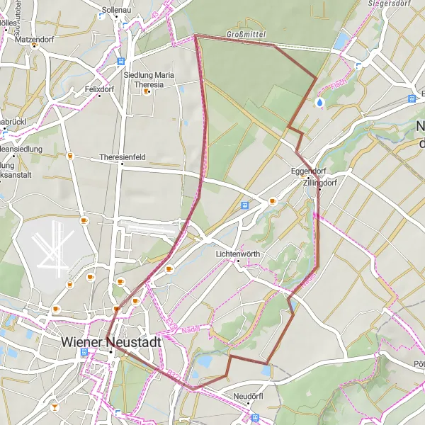 Map miniature of "Wiener Neustadt - Kuckucksuhr Gravel Adventure" cycling inspiration in Niederösterreich, Austria. Generated by Tarmacs.app cycling route planner