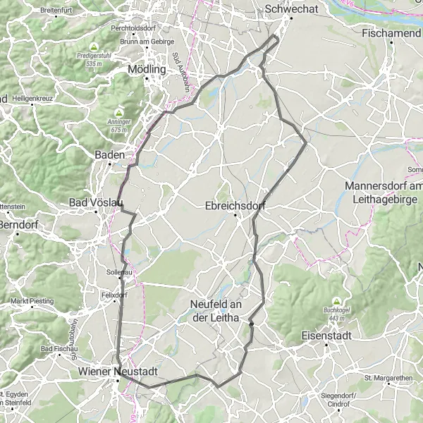 Map miniature of "Wiener Neustadt - Neudörfl Loop" cycling inspiration in Niederösterreich, Austria. Generated by Tarmacs.app cycling route planner