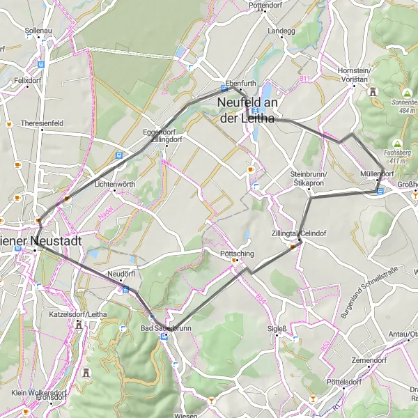 Miniatua del mapa de inspiración ciclista "Recorrido ligero en carretera desde Wiener Neustadt hasta Neudörfl" en Niederösterreich, Austria. Generado por Tarmacs.app planificador de rutas ciclistas