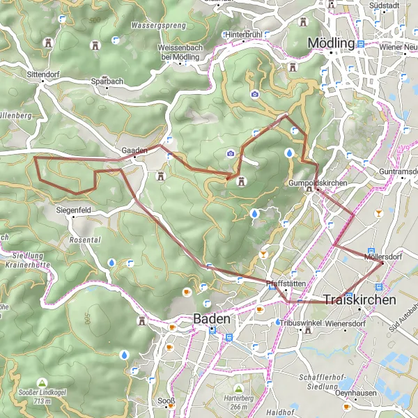 Miniatua del mapa de inspiración ciclista "Ruta de Grava Traiskirchen - Gumpoldskirchen" en Niederösterreich, Austria. Generado por Tarmacs.app planificador de rutas ciclistas