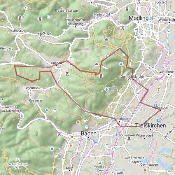 Karttaminiaatyyri "Traiskirchen - Pfaffstättner Kogel - Gumpoldskirchen Loop" pyöräilyinspiraatiosta alueella Niederösterreich, Austria. Luotu Tarmacs.app pyöräilyreittisuunnittelijalla