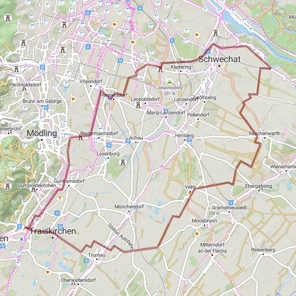 Miniatura della mappa di ispirazione al ciclismo "Giro panoramico tra Bühel e Traiskirchen" nella regione di Niederösterreich, Austria. Generata da Tarmacs.app, pianificatore di rotte ciclistiche