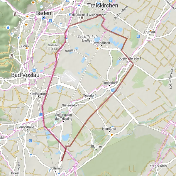 Miniatura della mappa di ispirazione al ciclismo "Rotta in bicicletta su sterrato da Wienersdorf" nella regione di Niederösterreich, Austria. Generata da Tarmacs.app, pianificatore di rotte ciclistiche