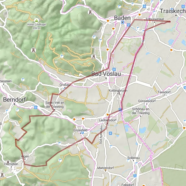 Miniatua del mapa de inspiración ciclista "Aventura en bicicleta de grava en las cercanías de Wienersdorf" en Niederösterreich, Austria. Generado por Tarmacs.app planificador de rutas ciclistas