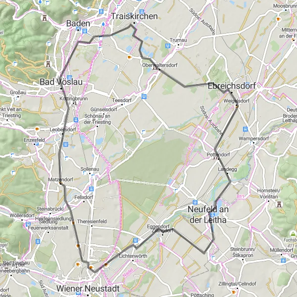 Miniatura della mappa di ispirazione al ciclismo "Giro in bicicletta da Wienersdorf" nella regione di Niederösterreich, Austria. Generata da Tarmacs.app, pianificatore di rotte ciclistiche