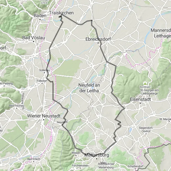 Miniatura della mappa di ispirazione al ciclismo "Giro in bicicletta da Wienersdorf" nella regione di Niederösterreich, Austria. Generata da Tarmacs.app, pianificatore di rotte ciclistiche