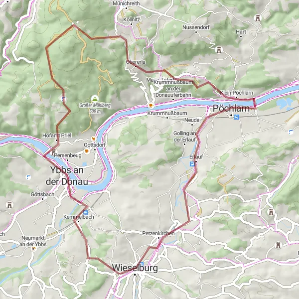 Miniatua del mapa de inspiración ciclista "Aventura en bicicleta por los alrededores de Wieselburg" en Niederösterreich, Austria. Generado por Tarmacs.app planificador de rutas ciclistas