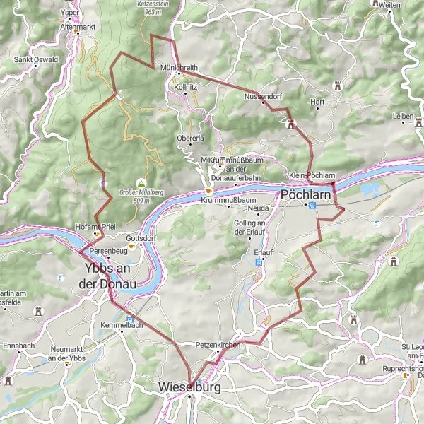 Miniature de la carte de l'inspiration cycliste "Les routes gravel de la Ybbs" dans la Niederösterreich, Austria. Générée par le planificateur d'itinéraire cycliste Tarmacs.app