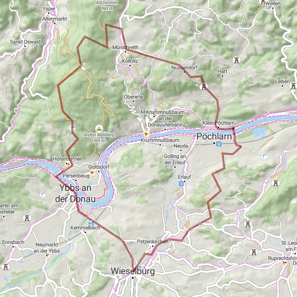 Map miniature of "Mountain Gravel Adventure" cycling inspiration in Niederösterreich, Austria. Generated by Tarmacs.app cycling route planner