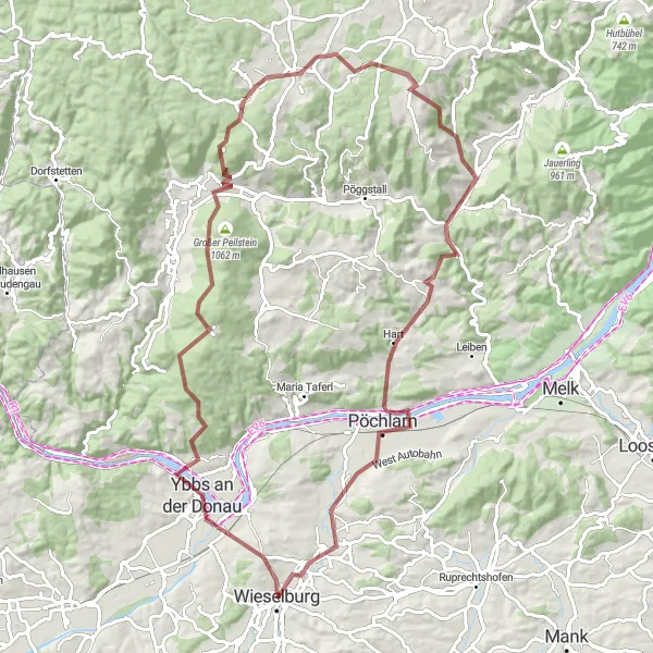 Karttaminiaatyyri "Wieselburg - Burgstall - Gutenbrunn Circuit" pyöräilyinspiraatiosta alueella Niederösterreich, Austria. Luotu Tarmacs.app pyöräilyreittisuunnittelijalla