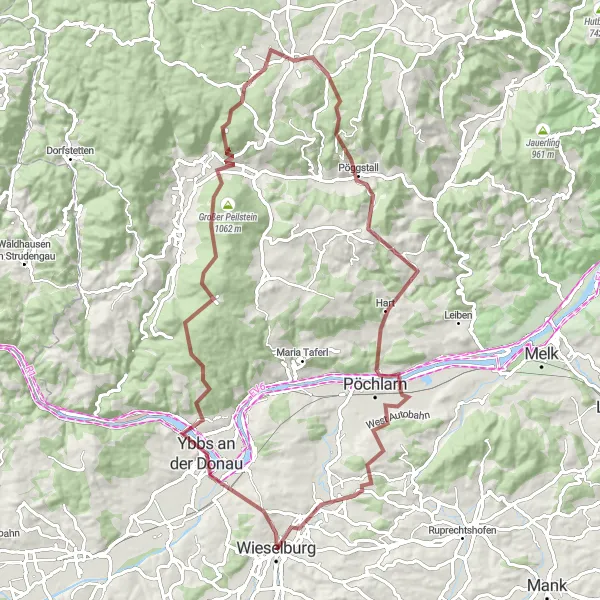 Kartminiatyr av "Grustur til Wieselburg fra Hofamt Priel" sykkelinspirasjon i Niederösterreich, Austria. Generert av Tarmacs.app sykkelrutoplanlegger