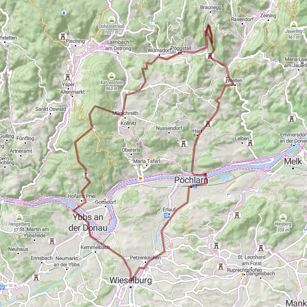 Miniatura mapy "Trasa Gravel przez zamki Doliny Dunaju" - trasy rowerowej w Niederösterreich, Austria. Wygenerowane przez planer tras rowerowych Tarmacs.app