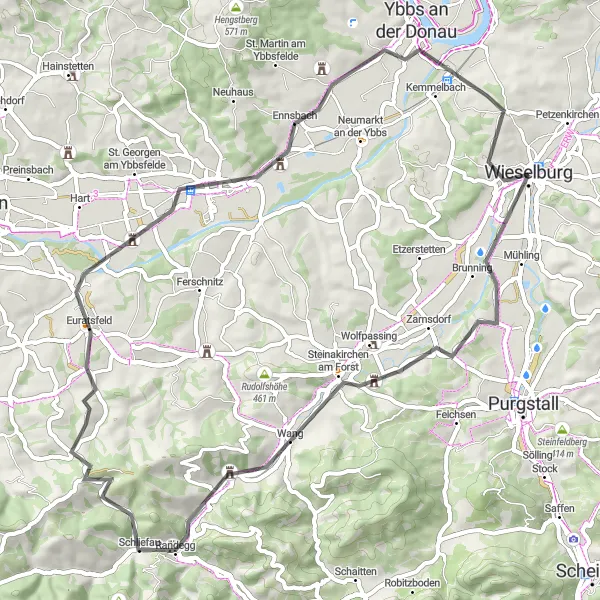 Miniatua del mapa de inspiración ciclista "Ruta de Ciclismo en Carretera de Wieselburg del Este" en Niederösterreich, Austria. Generado por Tarmacs.app planificador de rutas ciclistas