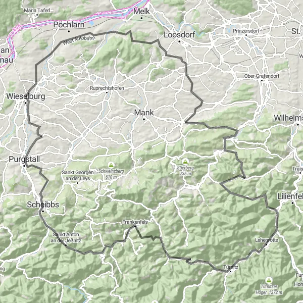 Miniatua del mapa de inspiración ciclista "Gran recorrido en bicicleta por los alrededores de Wieselburg" en Niederösterreich, Austria. Generado por Tarmacs.app planificador de rutas ciclistas