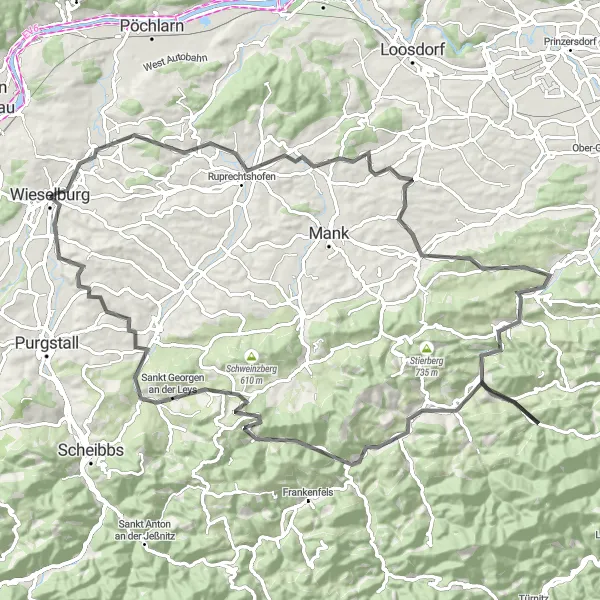 Kartminiatyr av "Wieselburg - Sankt Georgen an der Leys Landeveisykkelutfordring" sykkelinspirasjon i Niederösterreich, Austria. Generert av Tarmacs.app sykkelrutoplanlegger