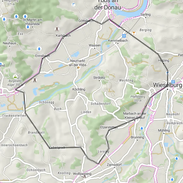 Miniatua del mapa de inspiración ciclista "Ruta en carretera de Wieselburg a Pulverturm y regreso" en Niederösterreich, Austria. Generado por Tarmacs.app planificador de rutas ciclistas