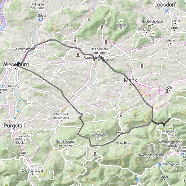 Miniatura mapy "Szlak Road do zamku Plankenstein" - trasy rowerowej w Niederösterreich, Austria. Wygenerowane przez planer tras rowerowych Tarmacs.app