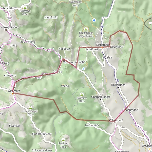 Miniaturní mapa "Gravel Route Sieggraben - Sperkerriegel" inspirace pro cyklisty v oblasti Niederösterreich, Austria. Vytvořeno pomocí plánovače tras Tarmacs.app