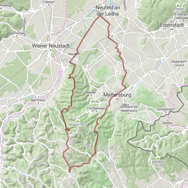 Map miniature of "Gravel Cycling Route: Wiesmath and Surroundings" cycling inspiration in Niederösterreich, Austria. Generated by Tarmacs.app cycling route planner