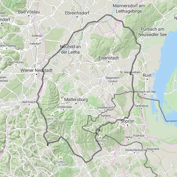 Miniatua del mapa de inspiración ciclista "Ruta de ciclismo de carretera Wiesmath - Schlossberg" en Niederösterreich, Austria. Generado por Tarmacs.app planificador de rutas ciclistas