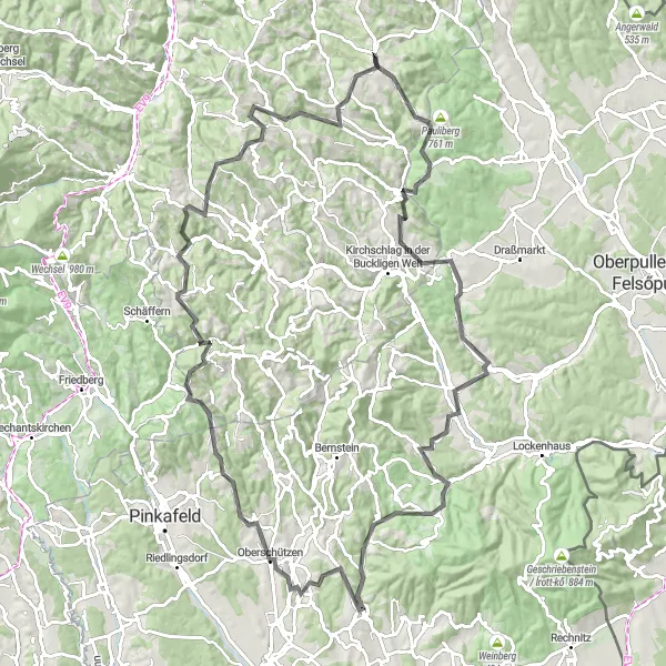 Miniatura della mappa di ispirazione al ciclismo "Avventura su strada da Wiesmath a Geretschlag" nella regione di Niederösterreich, Austria. Generata da Tarmacs.app, pianificatore di rotte ciclistiche