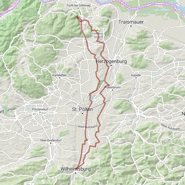 Miniatura della mappa di ispirazione al ciclismo "Tour del Castello di Ochsenburg" nella regione di Niederösterreich, Austria. Generata da Tarmacs.app, pianificatore di rotte ciclistiche