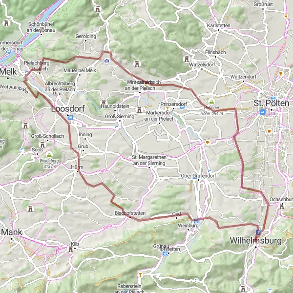 Miniatura della mappa di ispirazione al ciclismo "Esplorazione in bicicletta dei dintorni di Wilhelmsburg" nella regione di Niederösterreich, Austria. Generata da Tarmacs.app, pianificatore di rotte ciclistiche