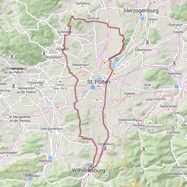 Miniatua del mapa de inspiración ciclista "Ruta por caminos de grava en torno a Wilhelmsburg" en Niederösterreich, Austria. Generado por Tarmacs.app planificador de rutas ciclistas