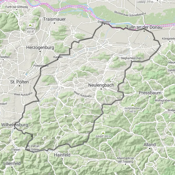 Zemljevid v pomanjšavi "Cikel iz Wilhelmsburga do Schloss Kreisbach" kolesarske inspiracije v Niederösterreich, Austria. Generirano z načrtovalcem kolesarskih poti Tarmacs.app