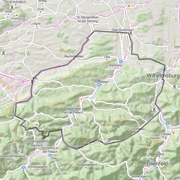 Miniatura della mappa di ispirazione al ciclismo "Tour panoramico in bicicletta nel cuore della natura vicino a Wilhelmsburg" nella regione di Niederösterreich, Austria. Generata da Tarmacs.app, pianificatore di rotte ciclistiche