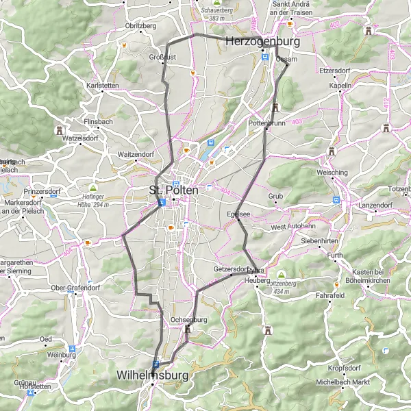 Miniatura della mappa di ispirazione al ciclismo "Passeggiata in bicicletta tra le colline vicino a Wilhelmsburg" nella regione di Niederösterreich, Austria. Generata da Tarmacs.app, pianificatore di rotte ciclistiche